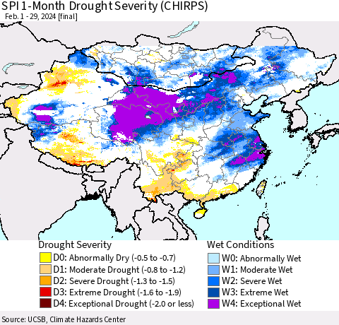 China, Mongolia and Taiwan SPI 1-Month Drought Severity (CHIRPS) Thematic Map For 2/1/2024 - 2/29/2024