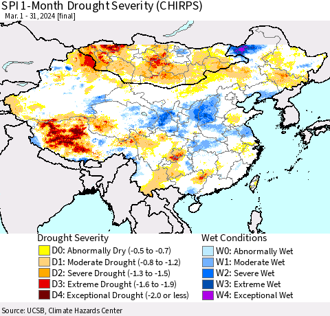 China, Mongolia and Taiwan SPI 1-Month Drought Severity (CHIRPS) Thematic Map For 3/1/2024 - 3/31/2024