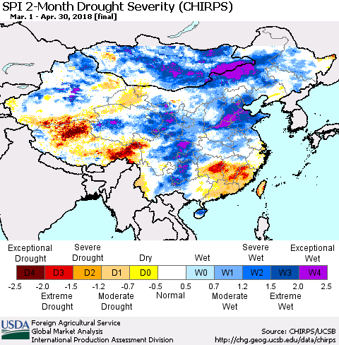 China, Mongolia and Taiwan SPI 2-Month Drought Severity (CHIRPS) Thematic Map For 3/1/2018 - 4/30/2018