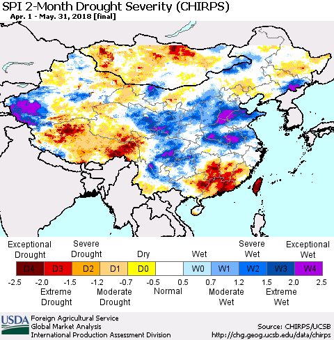 China, Mongolia and Taiwan SPI 2-Month Drought Severity (CHIRPS) Thematic Map For 4/1/2018 - 5/31/2018