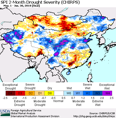 China, Mongolia and Taiwan SPI 2-Month Drought Severity (CHIRPS) Thematic Map For 5/1/2018 - 6/30/2018