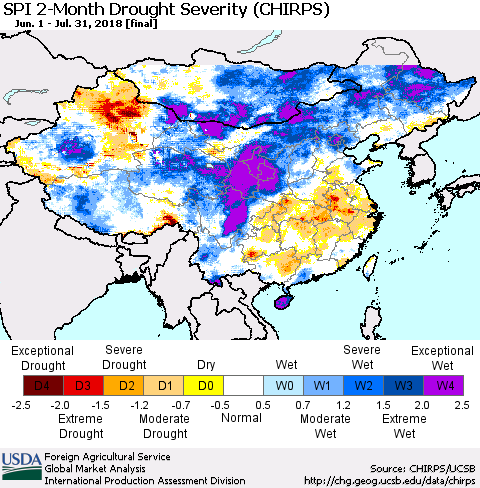China, Mongolia and Taiwan SPI 2-Month Drought Severity (CHIRPS) Thematic Map For 6/1/2018 - 7/31/2018