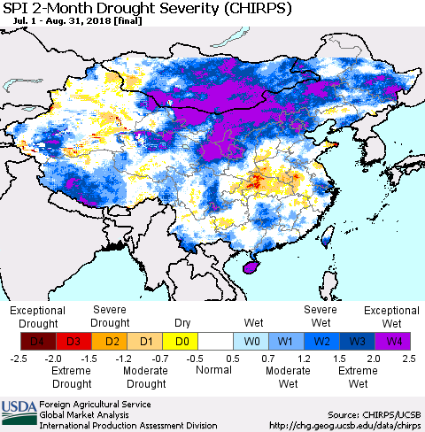 China, Mongolia and Taiwan SPI 2-Month Drought Severity (CHIRPS) Thematic Map For 7/1/2018 - 8/31/2018