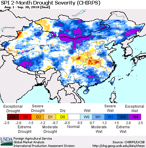 China, Mongolia and Taiwan SPI 2-Month Drought Severity (CHIRPS) Thematic Map For 8/1/2018 - 9/30/2018