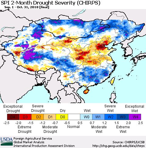 China and Taiwan SPI 2-Month Drought Severity (CHIRPS) Thematic Map For 9/1/2018 - 10/31/2018