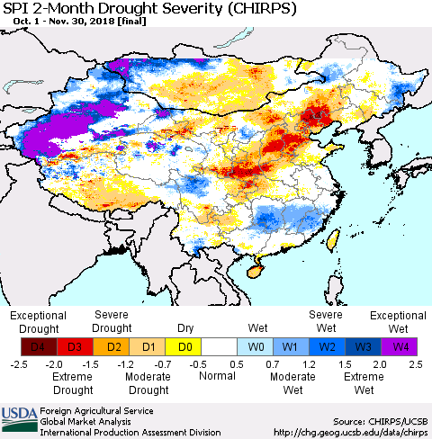 China, Mongolia and Taiwan SPI 2-Month Drought Severity (CHIRPS) Thematic Map For 10/1/2018 - 11/30/2018