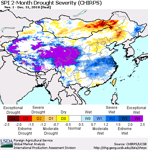 China, Mongolia and Taiwan SPI 2-Month Drought Severity (CHIRPS) Thematic Map For 11/1/2018 - 12/31/2018