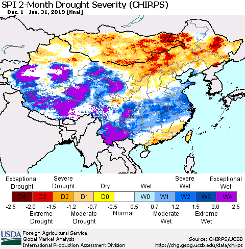 China and Taiwan SPI 2-Month Drought Severity (CHIRPS) Thematic Map For 12/1/2018 - 1/31/2019