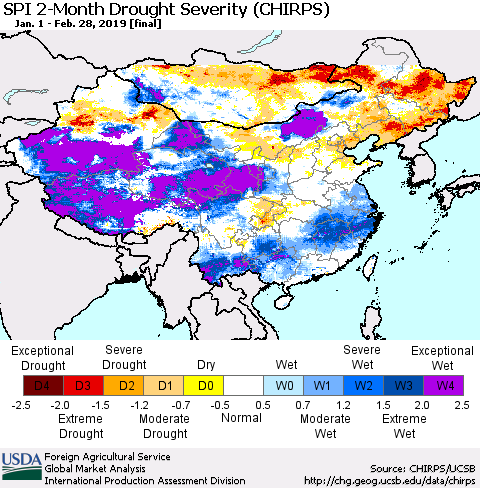 China and Taiwan SPI 2-Month Drought Severity (CHIRPS) Thematic Map For 1/1/2019 - 2/28/2019