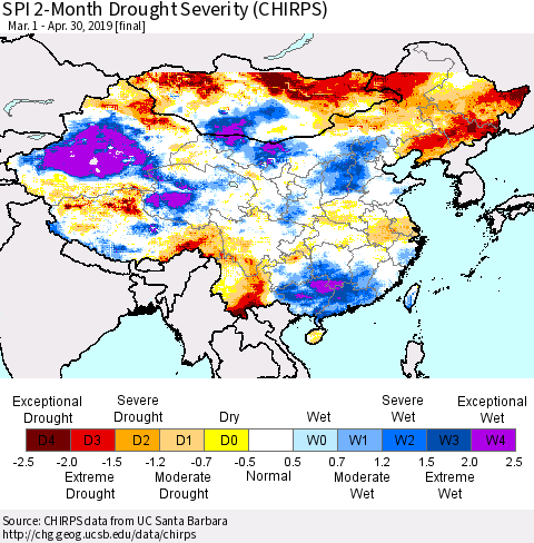 China and Taiwan SPI 2-Month Drought Severity (CHIRPS) Thematic Map For 3/1/2019 - 4/30/2019