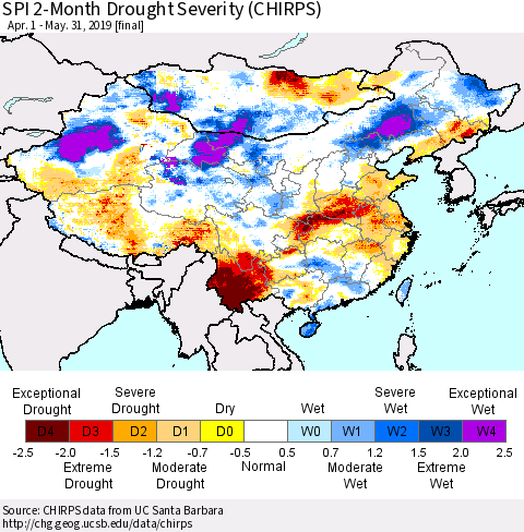 China, Mongolia and Taiwan SPI 2-Month Drought Severity (CHIRPS) Thematic Map For 4/1/2019 - 5/31/2019