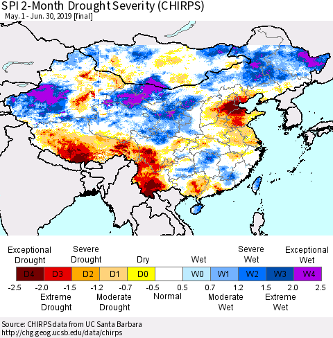 China, Mongolia and Taiwan SPI 2-Month Drought Severity (CHIRPS) Thematic Map For 5/1/2019 - 6/30/2019