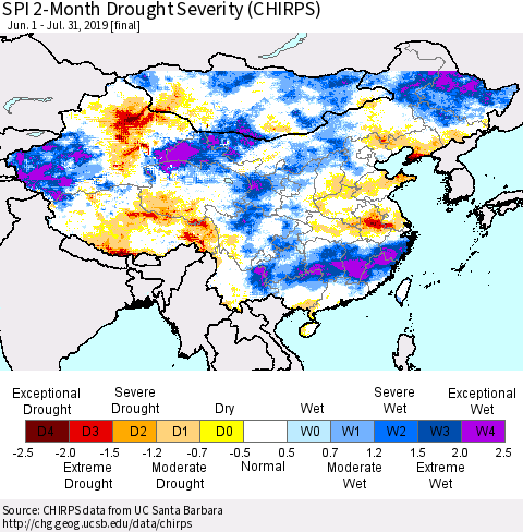 China and Taiwan SPI 2-Month Drought Severity (CHIRPS) Thematic Map For 6/1/2019 - 7/31/2019