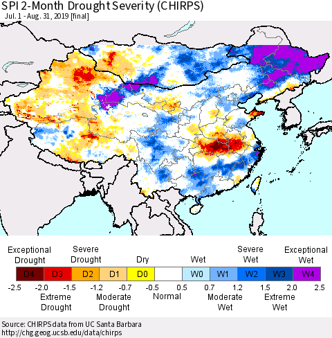 China and Taiwan SPI 2-Month Drought Severity (CHIRPS) Thematic Map For 7/1/2019 - 8/31/2019