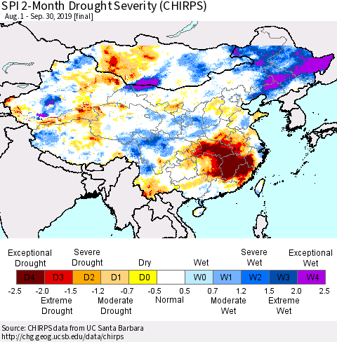 China, Mongolia and Taiwan SPI 2-Month Drought Severity (CHIRPS) Thematic Map For 8/1/2019 - 9/30/2019