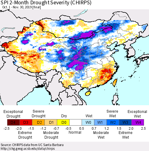 China and Taiwan SPI 2-Month Drought Severity (CHIRPS) Thematic Map For 10/1/2019 - 11/30/2019