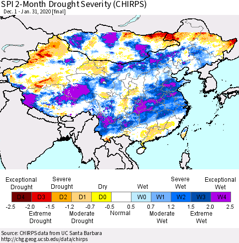 China, Mongolia and Taiwan SPI 2-Month Drought Severity (CHIRPS) Thematic Map For 12/1/2019 - 1/31/2020
