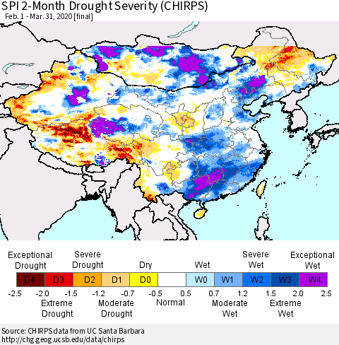 China, Mongolia and Taiwan SPI 2-Month Drought Severity (CHIRPS) Thematic Map For 2/1/2020 - 3/31/2020