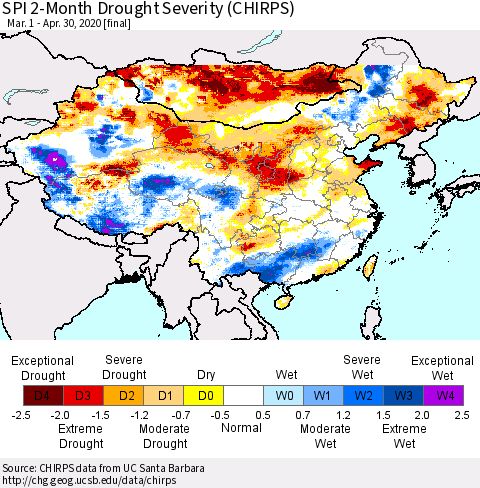 China, Mongolia and Taiwan SPI 2-Month Drought Severity (CHIRPS) Thematic Map For 3/1/2020 - 4/30/2020