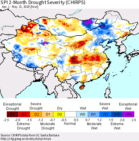 China, Mongolia and Taiwan SPI 2-Month Drought Severity (CHIRPS) Thematic Map For 4/1/2020 - 5/31/2020