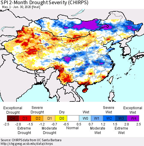 China, Mongolia and Taiwan SPI 2-Month Drought Severity (CHIRPS) Thematic Map For 5/1/2020 - 6/30/2020
