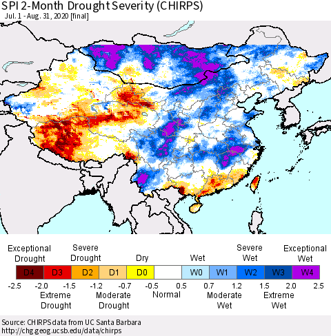 China, Mongolia and Taiwan SPI 2-Month Drought Severity (CHIRPS) Thematic Map For 7/1/2020 - 8/31/2020
