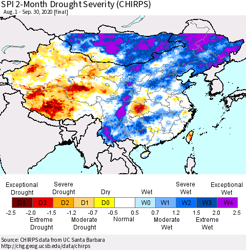 China, Mongolia and Taiwan SPI 2-Month Drought Severity (CHIRPS) Thematic Map For 8/1/2020 - 9/30/2020