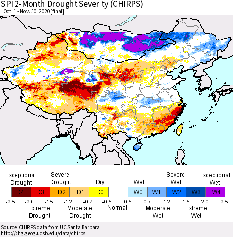 China, Mongolia and Taiwan SPI 2-Month Drought Severity (CHIRPS) Thematic Map For 10/1/2020 - 11/30/2020