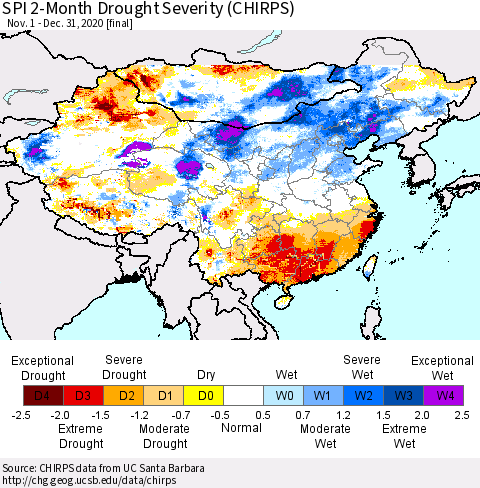 China, Mongolia and Taiwan SPI 2-Month Drought Severity (CHIRPS) Thematic Map For 11/1/2020 - 12/31/2020