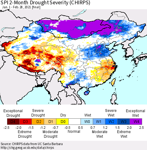China, Mongolia and Taiwan SPI 2-Month Drought Severity (CHIRPS) Thematic Map For 1/1/2021 - 2/28/2021