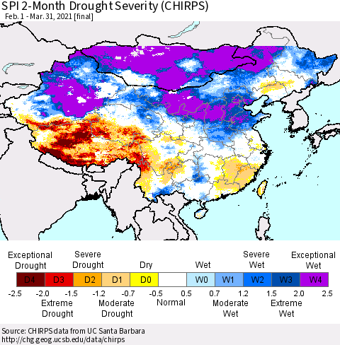 China, Mongolia and Taiwan SPI 2-Month Drought Severity (CHIRPS) Thematic Map For 2/1/2021 - 3/31/2021