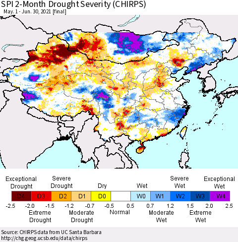 China, Mongolia and Taiwan SPI 2-Month Drought Severity (CHIRPS) Thematic Map For 5/1/2021 - 6/30/2021