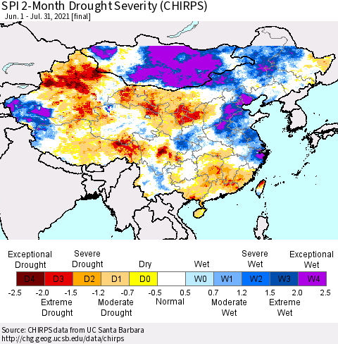 China, Mongolia and Taiwan SPI 2-Month Drought Severity (CHIRPS) Thematic Map For 6/1/2021 - 7/31/2021