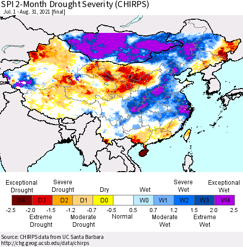 China, Mongolia and Taiwan SPI 2-Month Drought Severity (CHIRPS) Thematic Map For 7/1/2021 - 8/31/2021