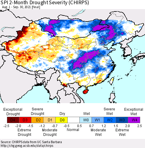 China, Mongolia and Taiwan SPI 2-Month Drought Severity (CHIRPS) Thematic Map For 8/1/2021 - 9/30/2021