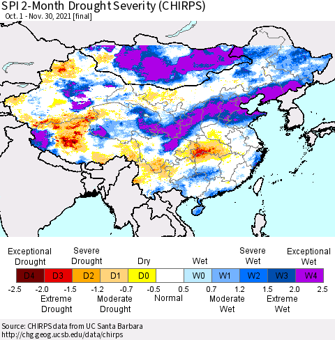 China, Mongolia and Taiwan SPI 2-Month Drought Severity (CHIRPS) Thematic Map For 10/1/2021 - 11/30/2021