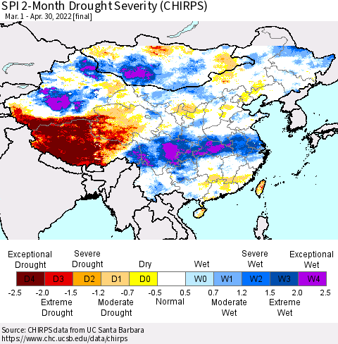 China, Mongolia and Taiwan SPI 2-Month Drought Severity (CHIRPS) Thematic Map For 3/1/2022 - 4/30/2022