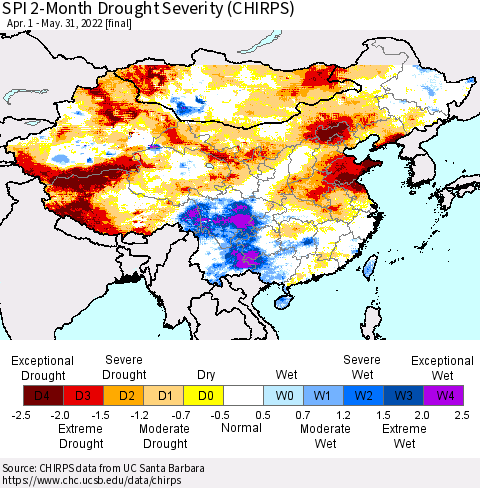 China, Mongolia and Taiwan SPI 2-Month Drought Severity (CHIRPS) Thematic Map For 4/1/2022 - 5/31/2022