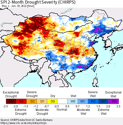 China, Mongolia and Taiwan SPI 2-Month Drought Severity (CHIRPS) Thematic Map For 5/1/2022 - 6/30/2022
