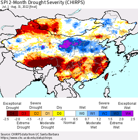 China, Mongolia and Taiwan SPI 2-Month Drought Severity (CHIRPS) Thematic Map For 7/1/2022 - 8/31/2022