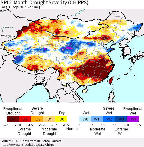 China, Mongolia and Taiwan SPI 2-Month Drought Severity (CHIRPS) Thematic Map For 8/1/2022 - 9/30/2022