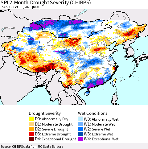 China, Mongolia and Taiwan SPI 2-Month Drought Severity (CHIRPS) Thematic Map For 9/1/2023 - 10/31/2023