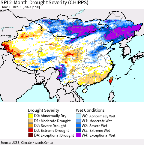 China, Mongolia and Taiwan SPI 2-Month Drought Severity (CHIRPS) Thematic Map For 11/1/2023 - 12/31/2023