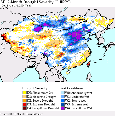 China, Mongolia and Taiwan SPI 2-Month Drought Severity (CHIRPS) Thematic Map For 12/1/2023 - 1/31/2024
