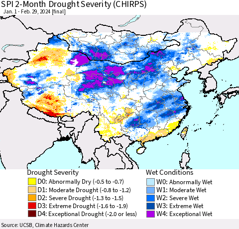 China, Mongolia and Taiwan SPI 2-Month Drought Severity (CHIRPS) Thematic Map For 1/1/2024 - 2/29/2024