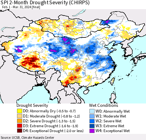 China, Mongolia and Taiwan SPI 2-Month Drought Severity (CHIRPS) Thematic Map For 2/1/2024 - 3/31/2024