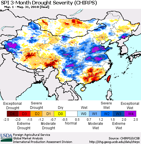 China, Mongolia and Taiwan SPI 3-Month Drought Severity (CHIRPS) Thematic Map For 3/1/2018 - 5/31/2018