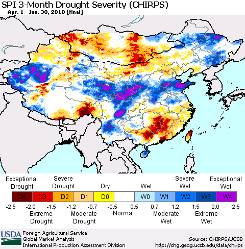 China, Mongolia and Taiwan SPI 3-Month Drought Severity (CHIRPS) Thematic Map For 4/1/2018 - 6/30/2018