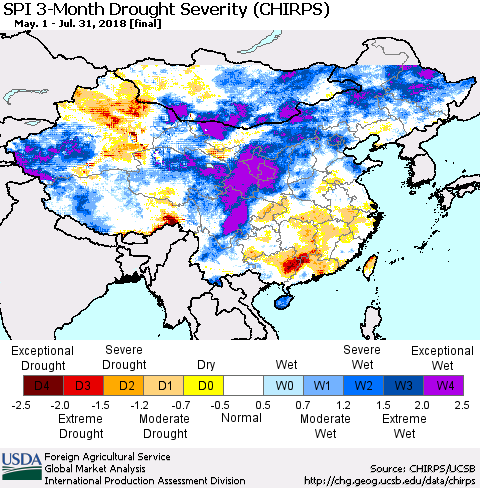 China, Mongolia and Taiwan SPI 3-Month Drought Severity (CHIRPS) Thematic Map For 5/1/2018 - 7/31/2018