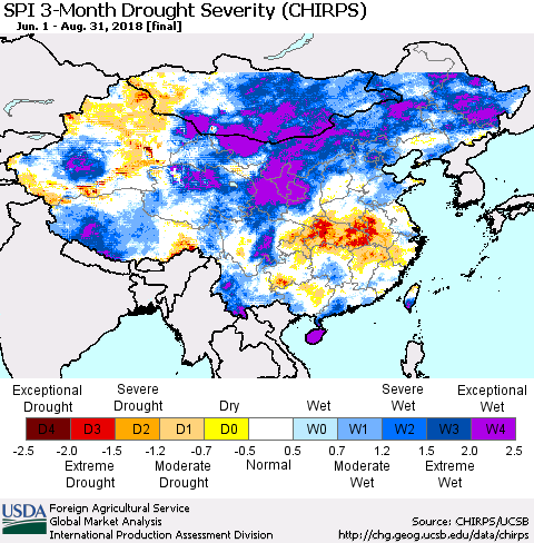 China, Mongolia and Taiwan SPI 3-Month Drought Severity (CHIRPS) Thematic Map For 6/1/2018 - 8/31/2018